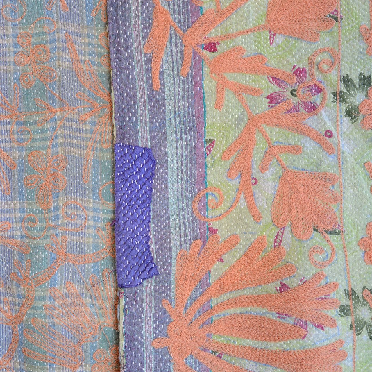 Vintage Finestitch Kantha Quilt With Suzani Embroidery photo vinterior