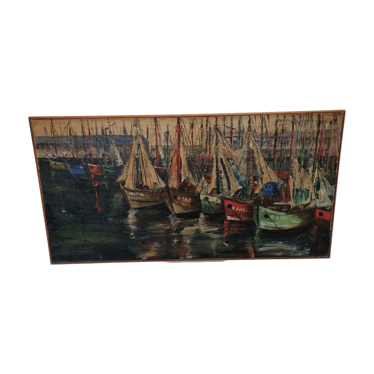 Vintage French Painting With Boats In Harbor By Bourgeois, Mid Century