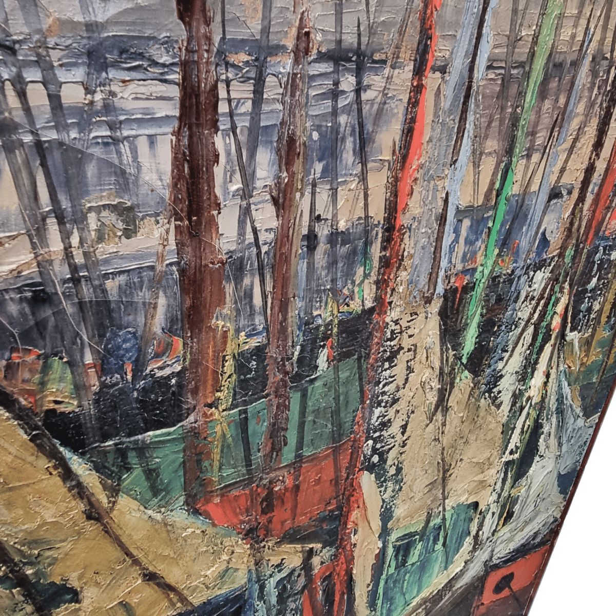 Vintage French Painting With Boats In Harbor By Bourgeois, Mid Century photo for sale