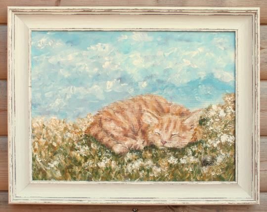 Sleeping Ginger Blonde Cat  Summer Day Original Framed Painting Andi J Lucas