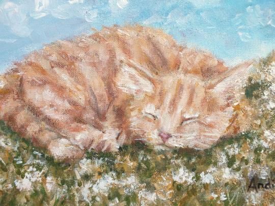 Sleeping Ginger Blonde Cat  Summer Day Original Framed Painting Andi J Lucas photo vinterior