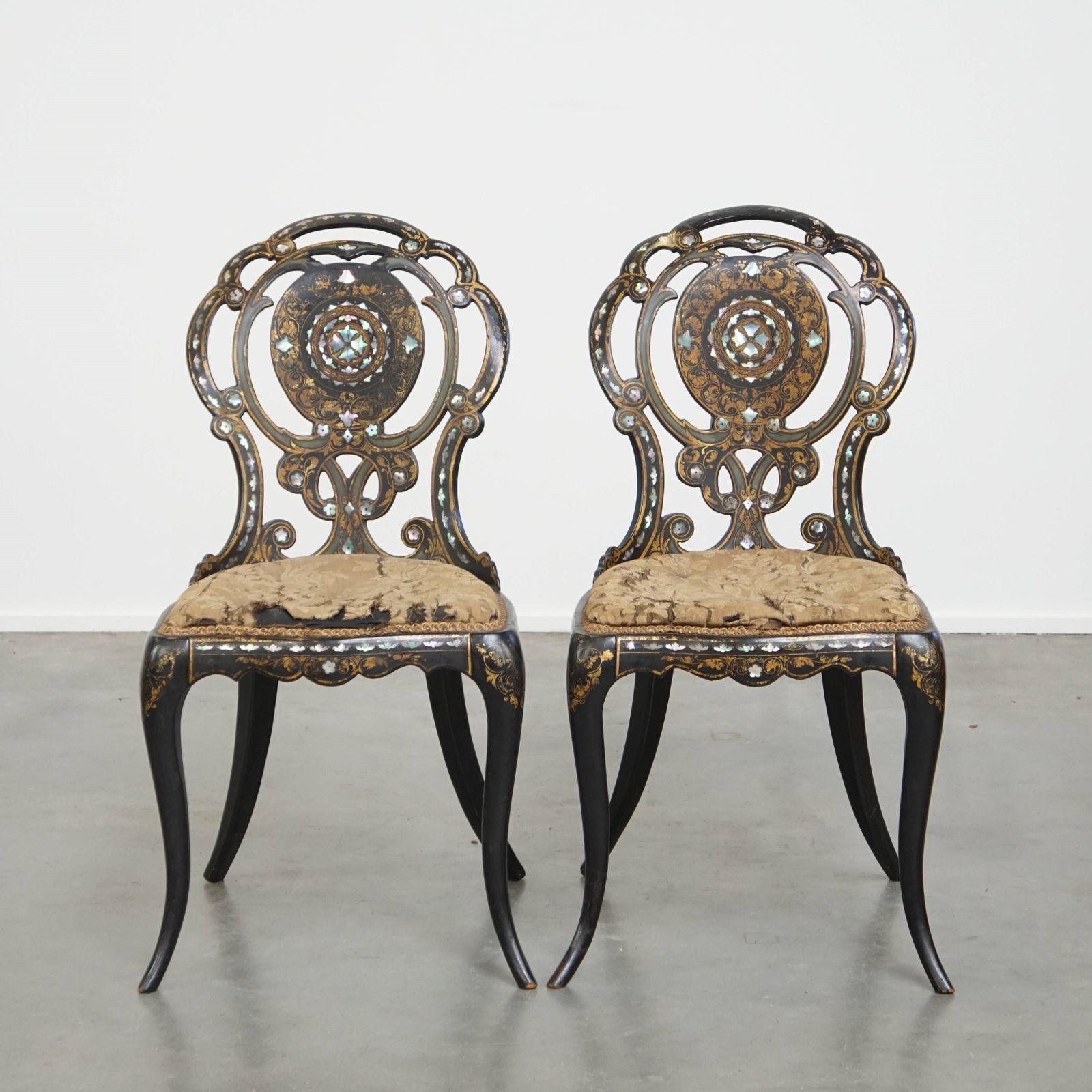 Set Of 2 Beautiful, Unique, Ornate Antique 19th Century English Chinoiserie Mother Of Pearl Chairs