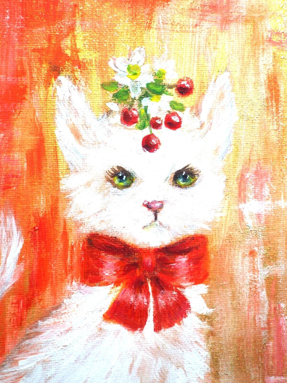 Original Painting Cute White Kitten Cat With Cherries Illustration Andi J Lucas photo 210.0
