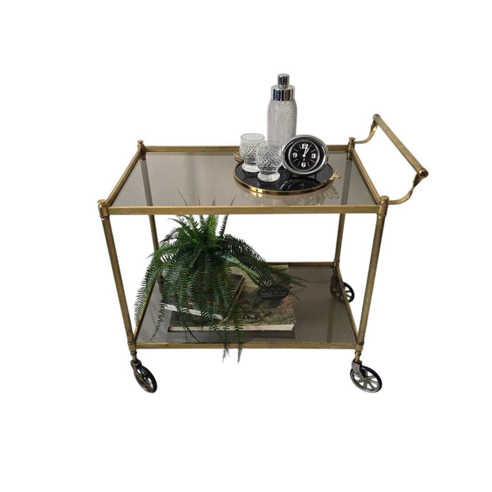 Vintage Mid Century Modern Brass And Smoky Glass Bar Cart On Wheels