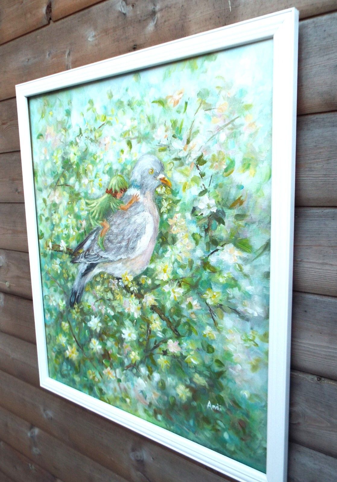 Fantasy Art Large Framed Original Painting Floral Wood Pigeon Pixie Andi J Lucas photo furniture