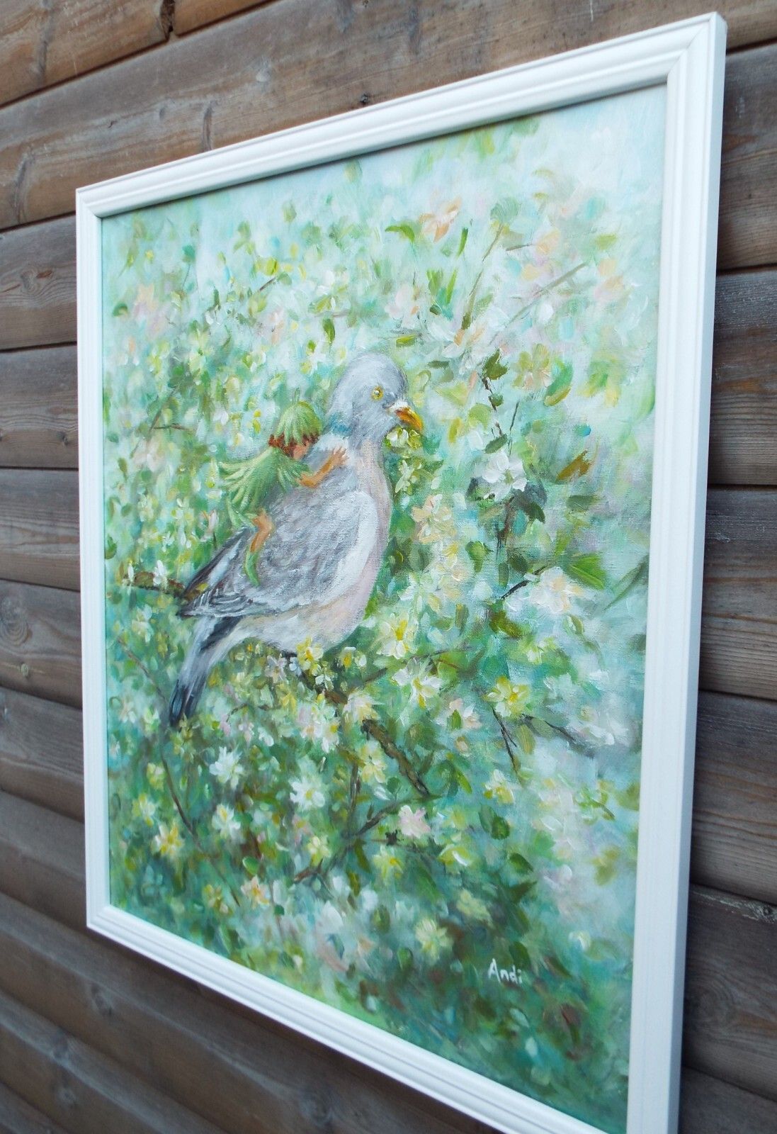 Fantasy Art Large Framed Original Painting Floral Wood Pigeon Pixie Andi J Lucas photo vintage