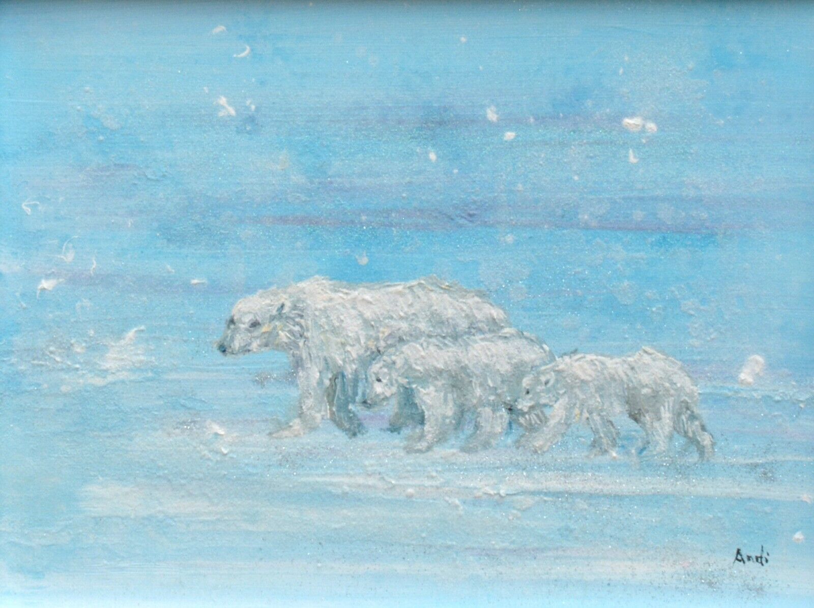 Mother & Cubs Polar Bears  In The Arctic Original Framed Painting  Andi J Lucas photo for sale