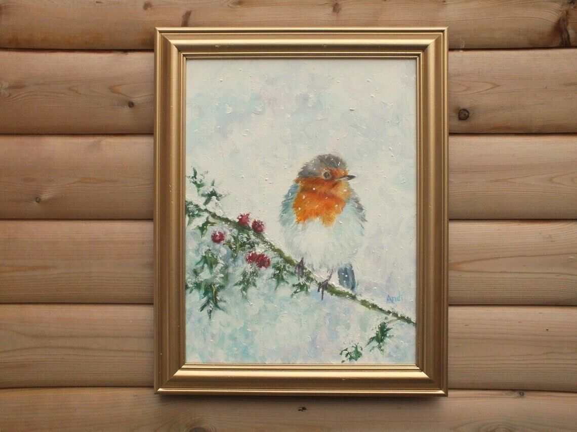 European British Robin In Winter Original Painting Signed Framed Andi J Lucas photo for sale