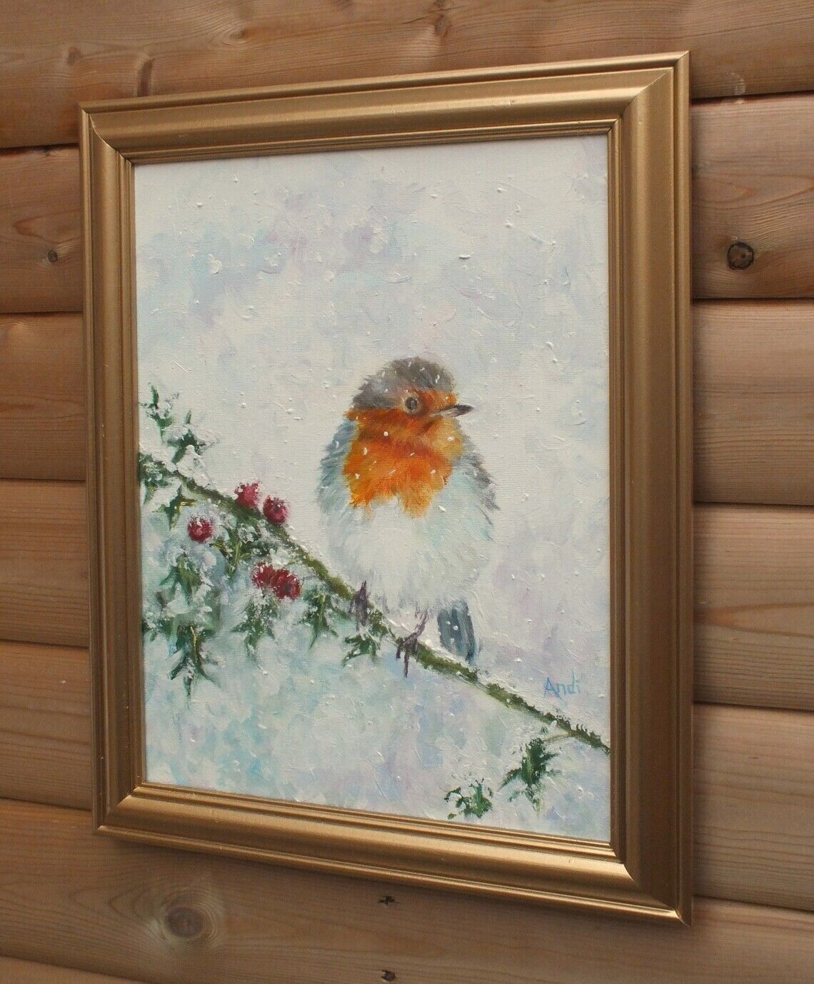 European British Robin In Winter Original Painting Signed Framed Andi J Lucas photo vinterior