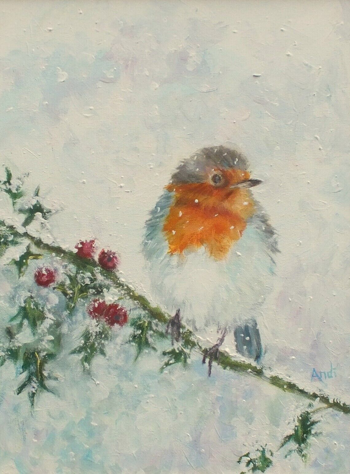 European British Robin In Winter Original Painting Signed Framed Andi J Lucas photo vintage