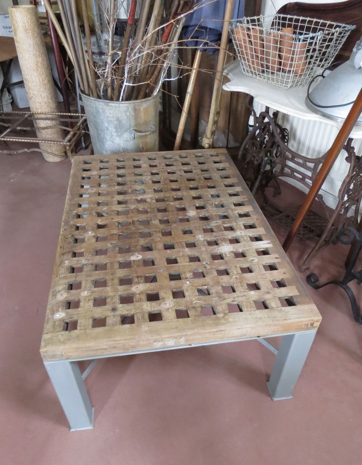 Industrial Garden Table. Teak Duck Grating Top With Steel Base. photo vintage
