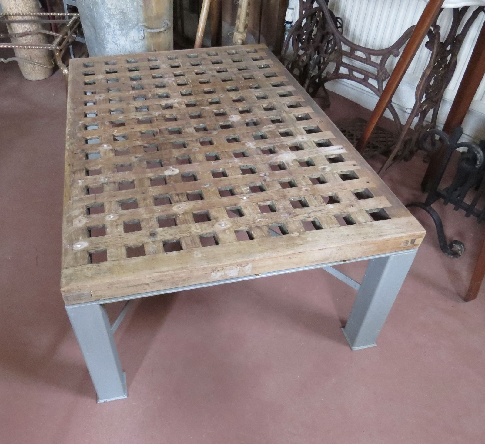 photo furniture Industrial Garden Table. Teak Duck Grating Top With Steel Base.