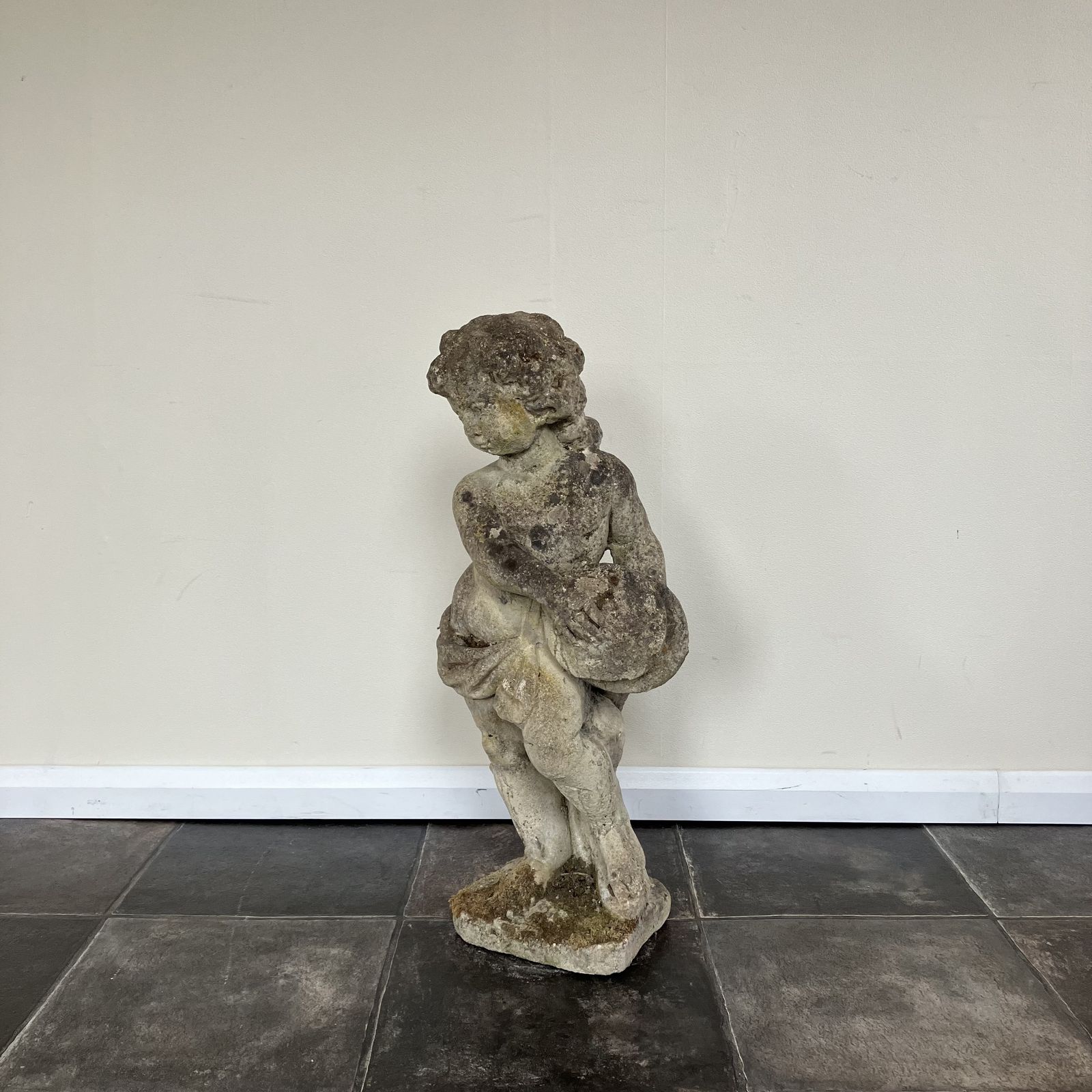 Vintage Weathered Reclaimed Cast Stone Garden Statue Cherub / Putto With Cymbals / Tambourine / Musical Instrument photo furniture