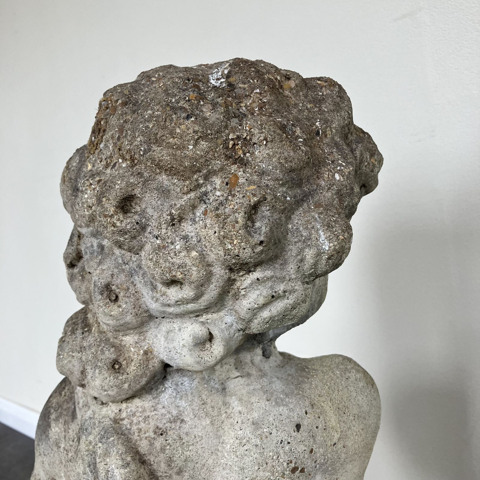 395.0 Vintage Weathered Reclaimed Cast Stone Garden Statue Cherub / Putto With Cymbals / Tambourine / Musical Instrument photo
