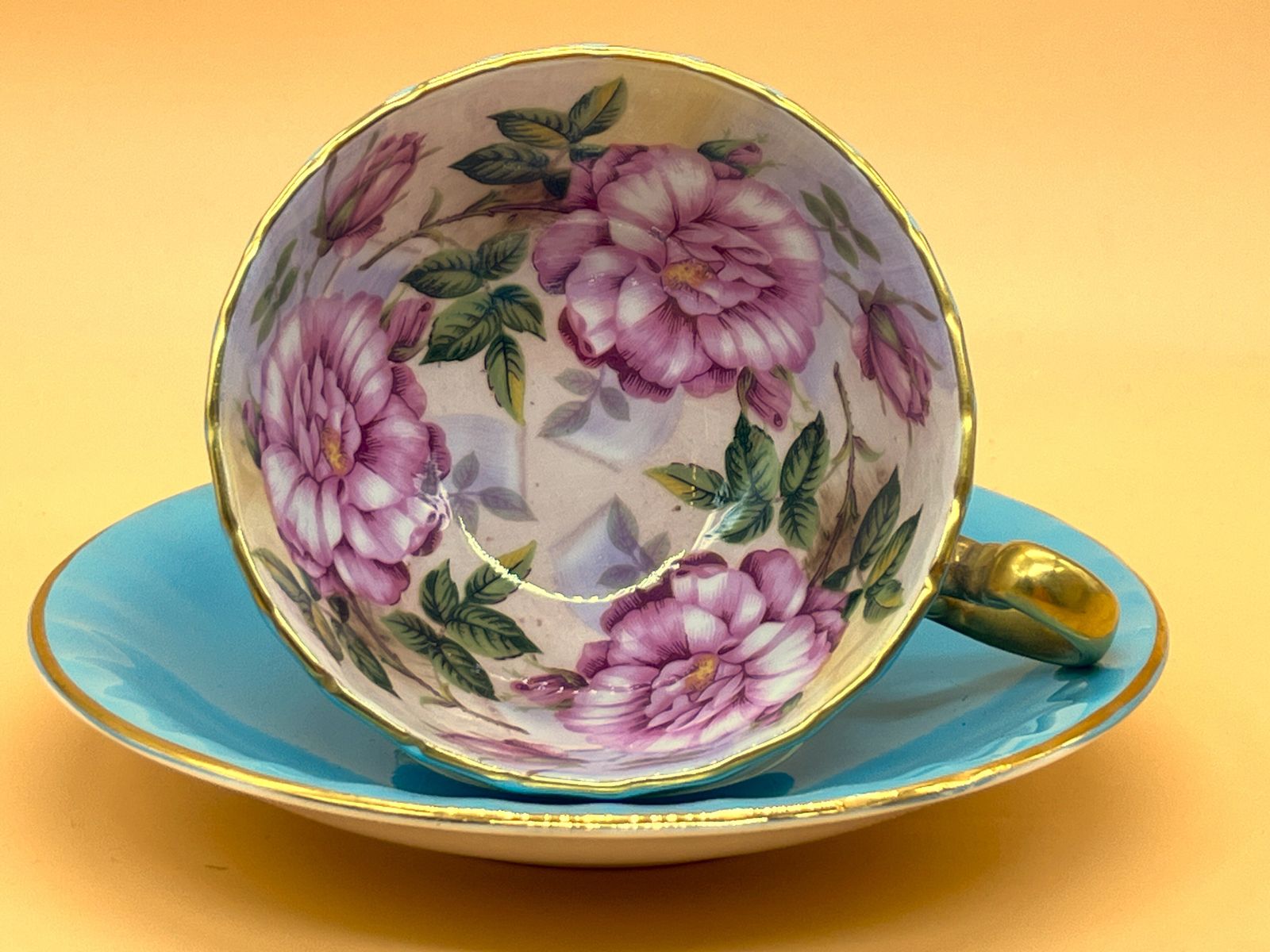 Aynsley China Cabbage Rose Oban Shape Turquoise And Gold Footed And Fluted Cabinet Tea Cup & Saucer Duo. 1031.