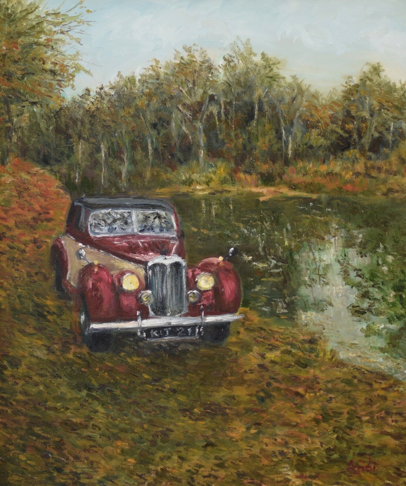 Vintage Car Oil Painting Riley By The River Forest Landscape Framed Andi J Lucas photo furniture