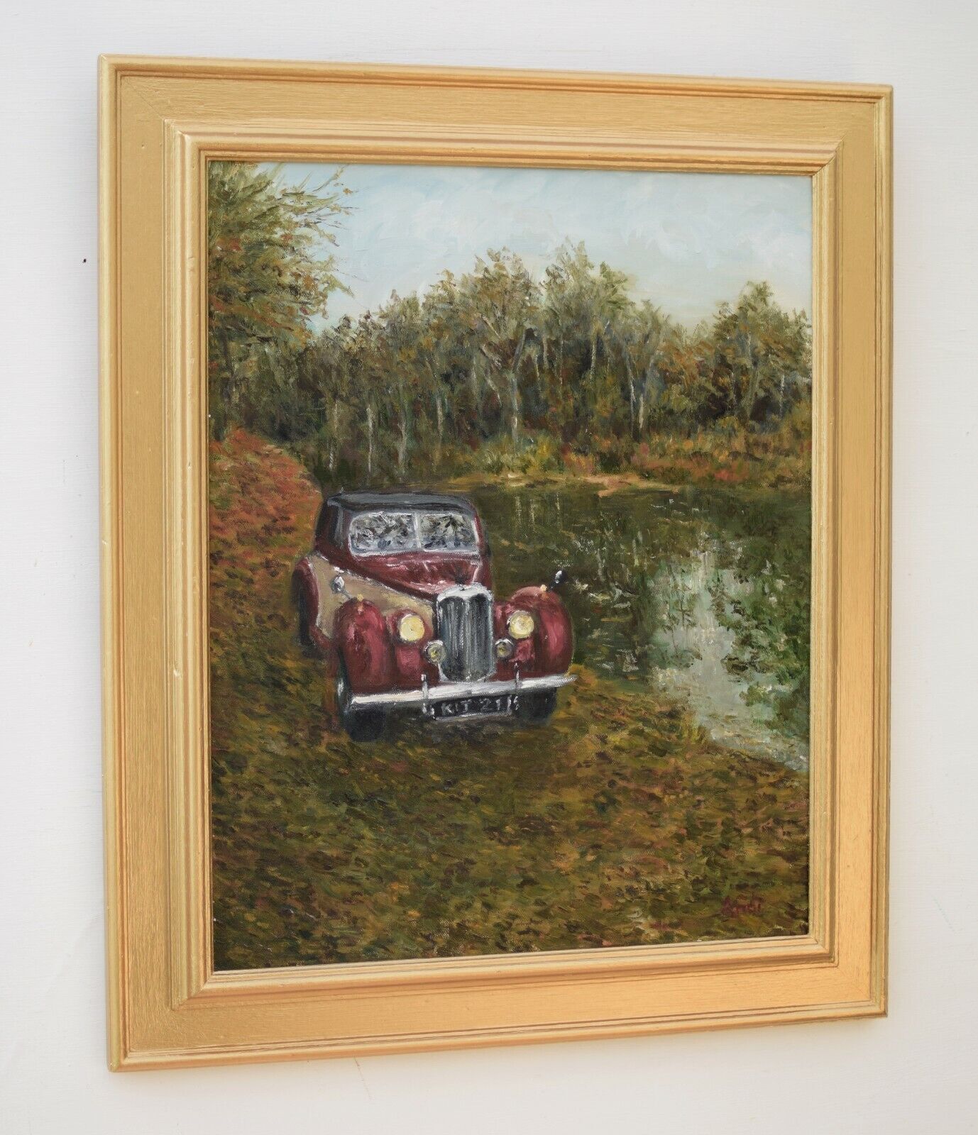 Vintage Car Oil Painting Riley By The River Forest Landscape Framed Andi J Lucas photo Art