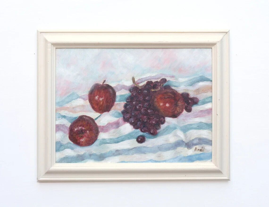 photo furniture Original Signed Framed Oil Painting Fruits Red Apples Black Grapes Andi J Lucas