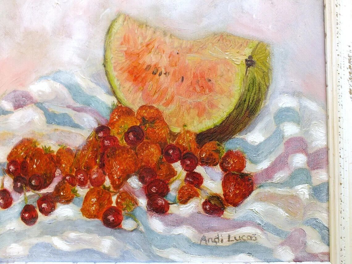 Original Signed Framed Oil Painting Fruits Watermelon Strawberries Andi J Lucas photo for sale