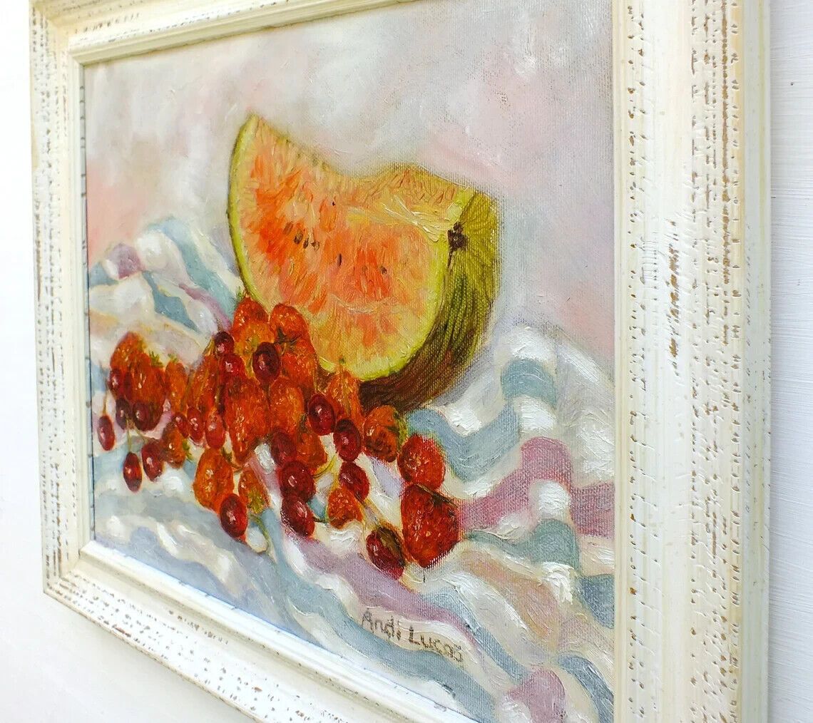 Original Signed Framed Oil Painting Fruits Watermelon Strawberries Andi J Lucas photo Art
