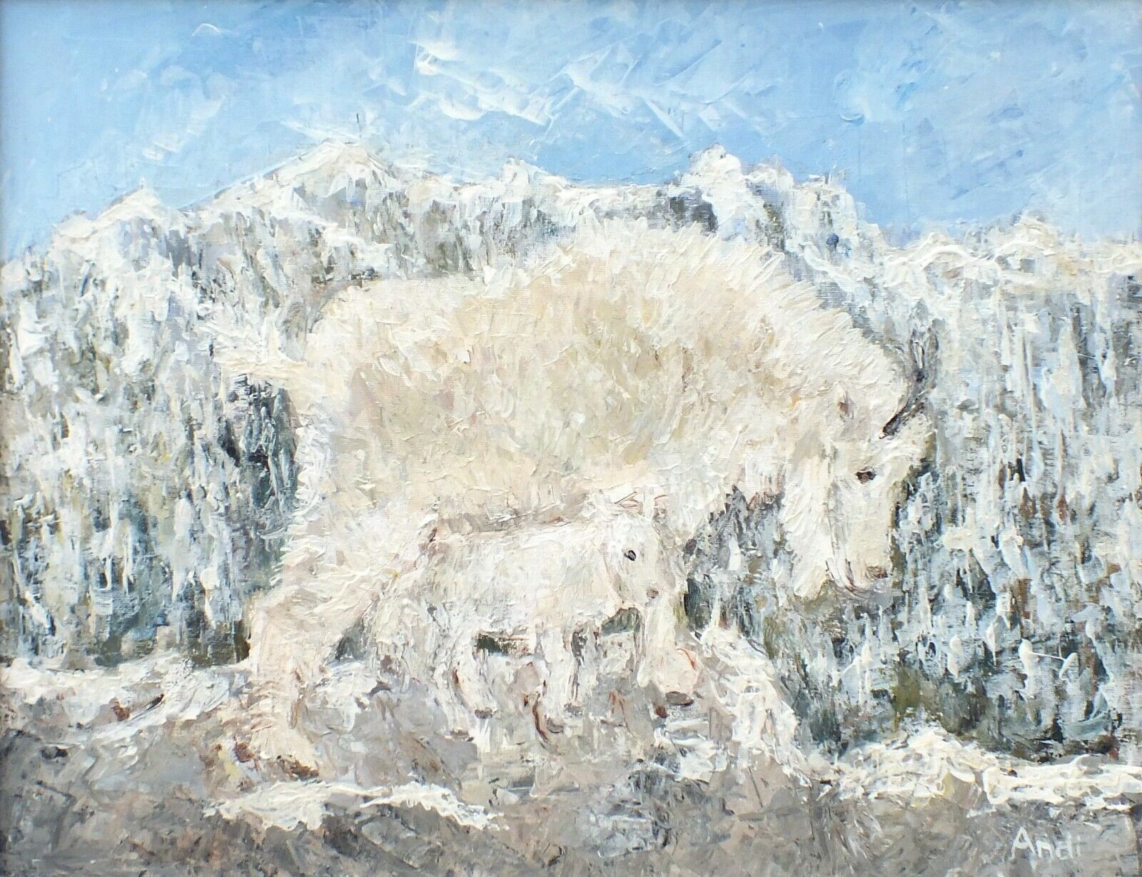 Mother & Kid Mountain Goats Original Painting  Signed Framed Andi J Lucas photo furniture