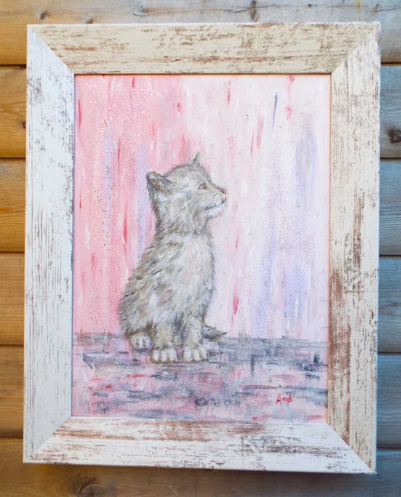 Grey Cat Kitten In Pink Rain Original  Framed Painting Andi J Lucas photo furniture