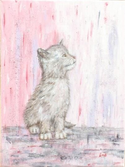 Grey Cat Kitten In Pink Rain Original  Framed Painting Andi J Lucas photo for sale