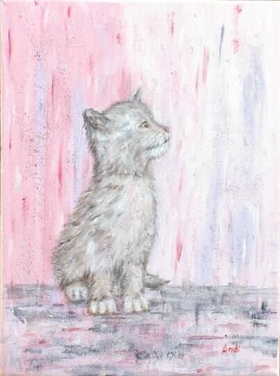 Grey Cat Kitten In Pink Rain Original  Framed Painting Andi J Lucas photo 240.0