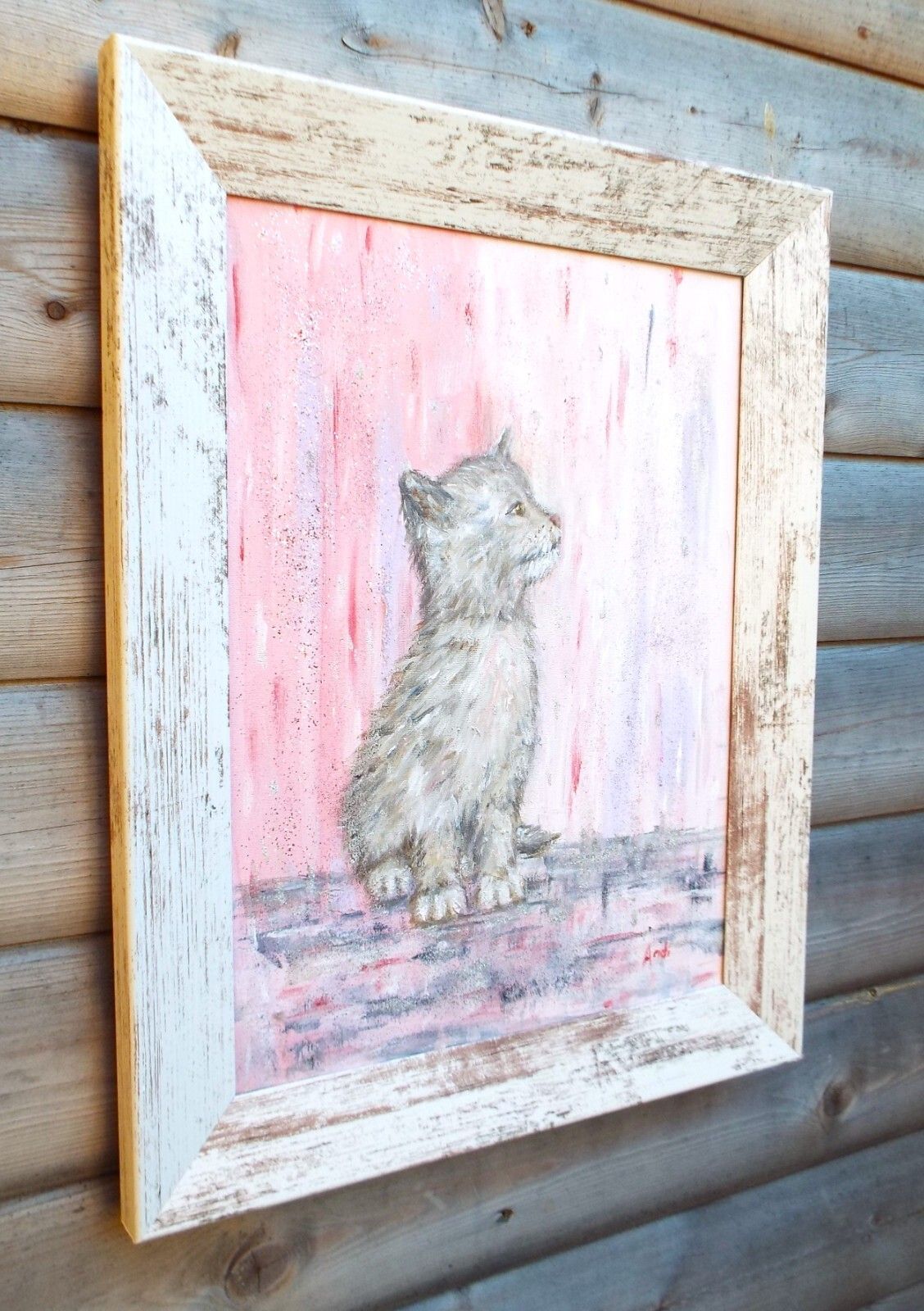 Grey Cat Kitten In Pink Rain Original  Framed Painting Andi J Lucas photo vinterior