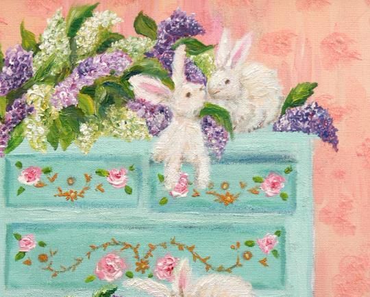 White Rabbits And Floral Lilacs Original Framed Painting Andi J Lucas photo 670.0