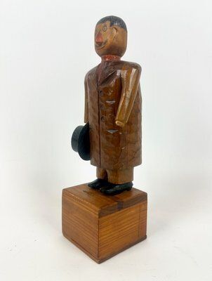 Swedish Wooden Hand Carved Man With Hat Sculpture With Money Box, 1910s photo furniture