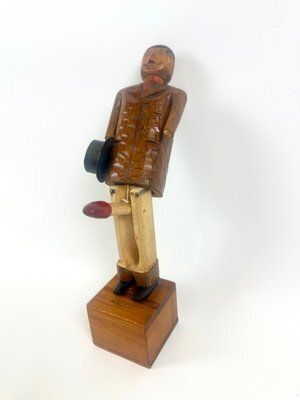 Swedish Wooden Hand Carved Man With Hat Sculpture With Money Box, 1910s photo 193.0