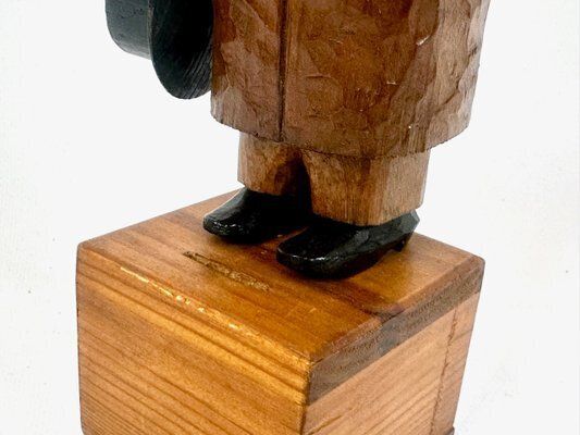 Swedish Wooden Hand Carved Man With Hat Sculpture With Money Box, 1910s photo vintage