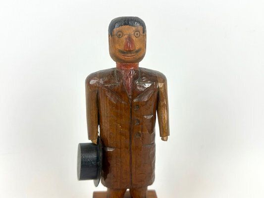 photo for sale Swedish Wooden Hand Carved Man With Hat Sculpture With Money Box, 1910s