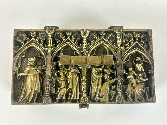 Antique Gothic Revival Bronze Jewelry Box With Religious Scenes, 19th Century photo vintage