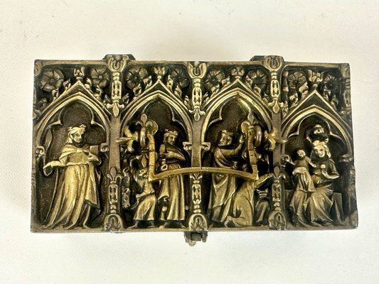 photo furniture Antique Gothic Revival Bronze Jewelry Box With Religious Scenes, 19th Century