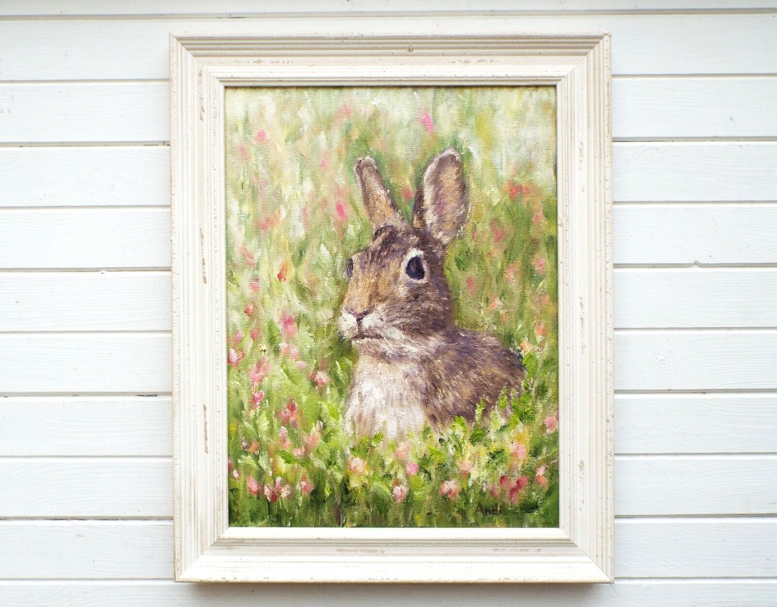 Hare Portrait In Floral Meadow Original Oil Painting Signed Framed Andi J Lucas