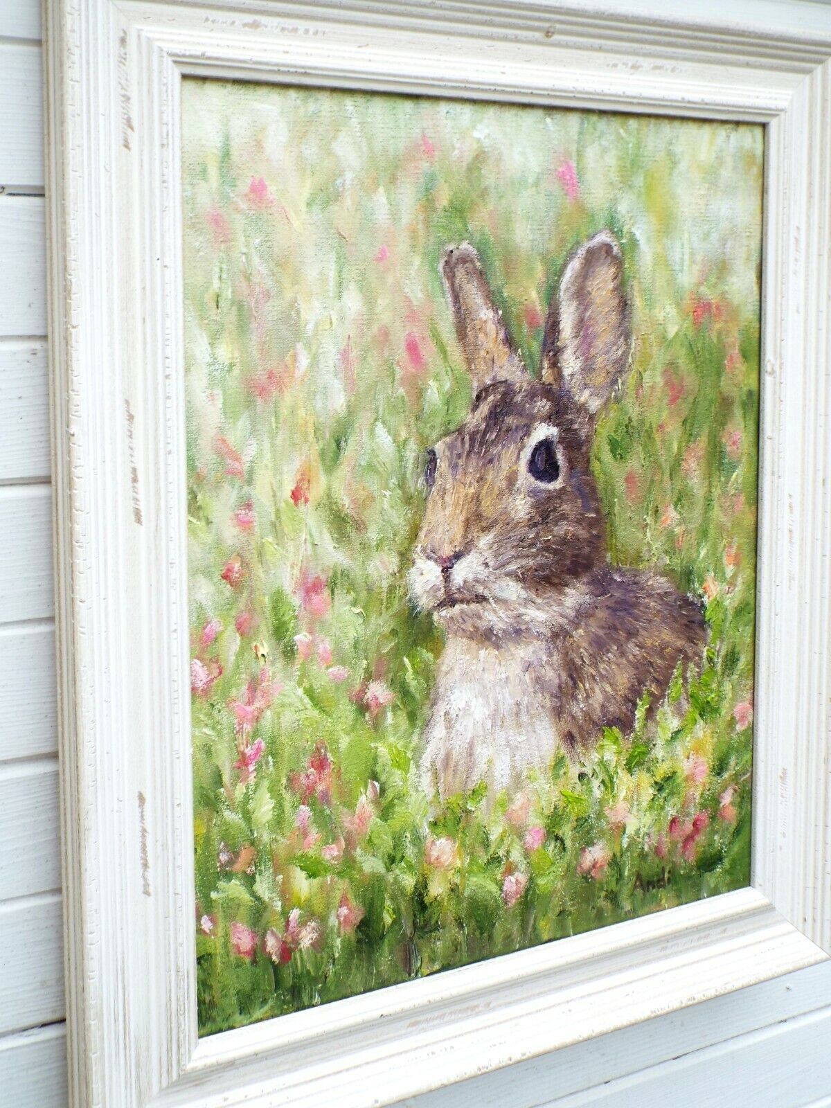 Hare Portrait In Floral Meadow Original Oil Painting Signed Framed Andi J Lucas photo Art