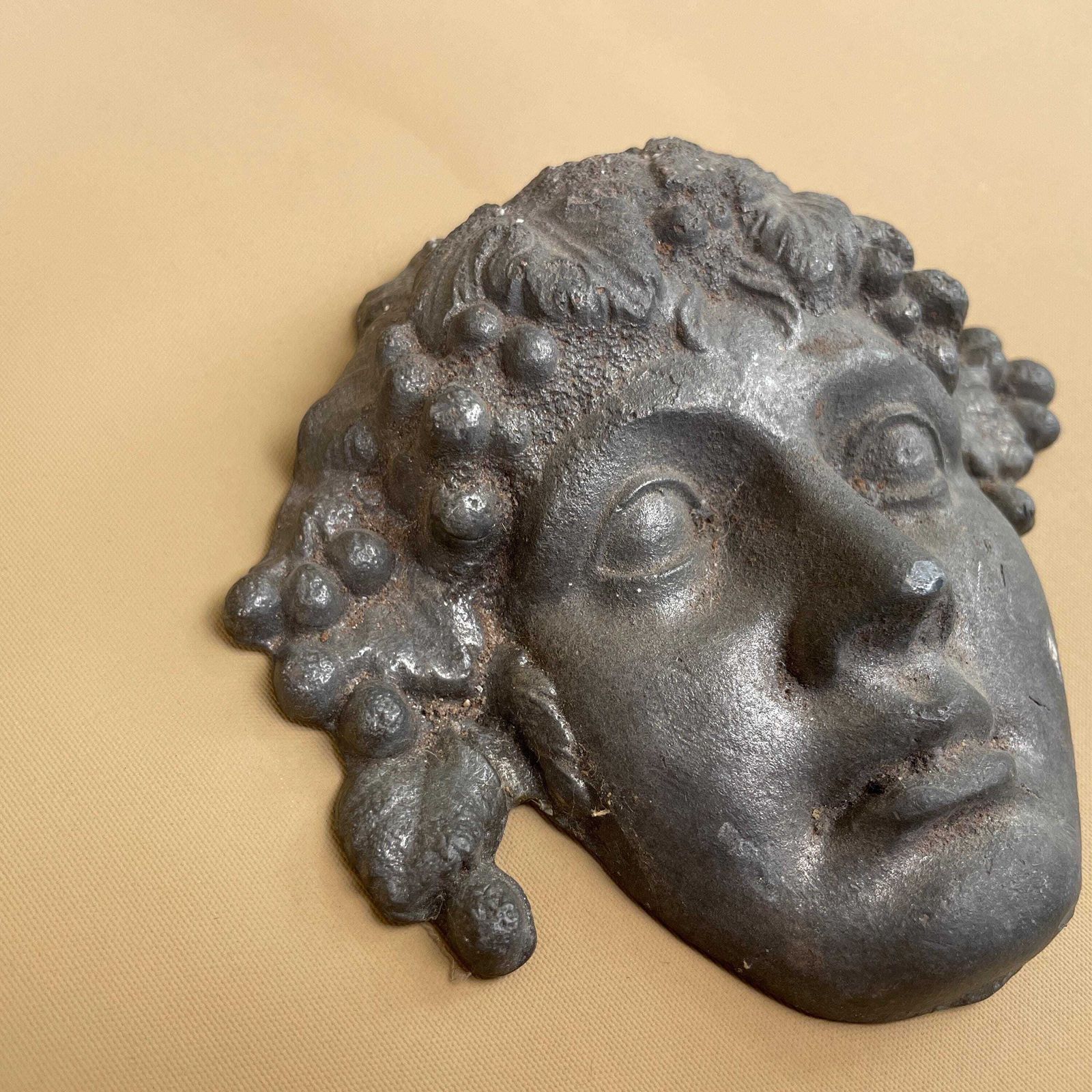 Vintage Heavy Face Ornament Head Art Metal Bronze Roman Style Sculpture Antique Repro Grey Silver photo Art