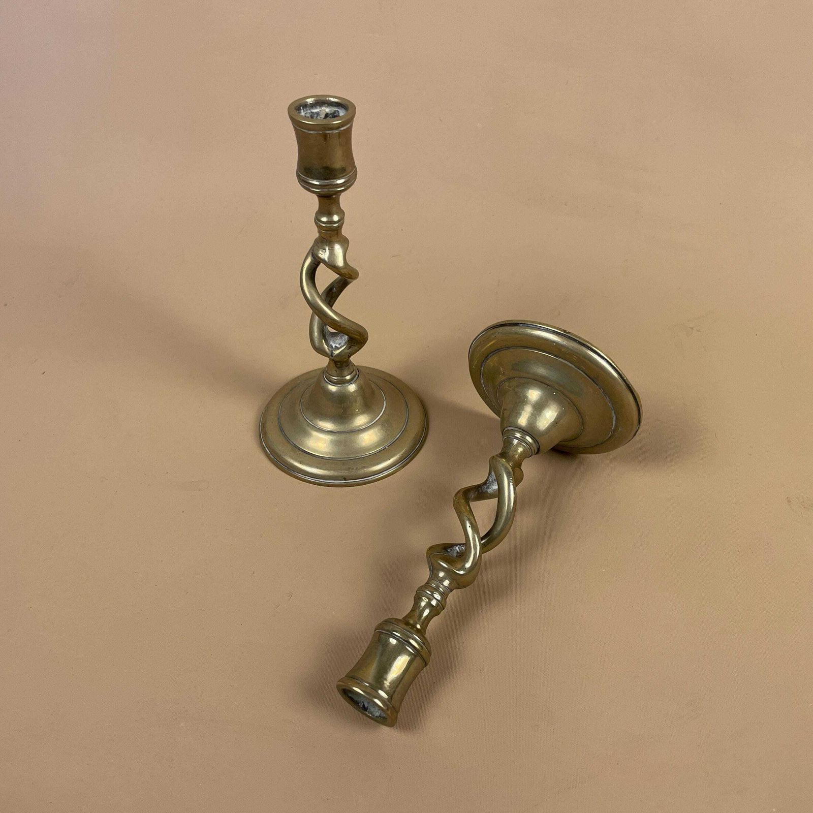 Antique Matching Pair Of Gold Brass Metal Candlestick Candle Stick Vintage Column Taper Dinner Candlesticks Twisted Twist Round Base photo furniture