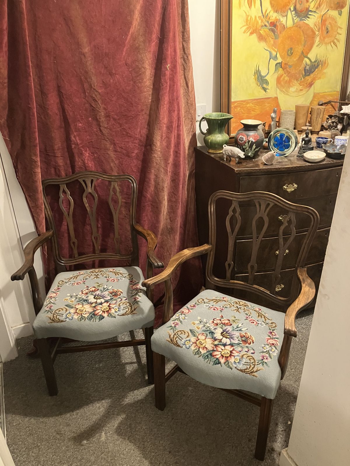 English Georgian Elm And Oak Carver Dining Chairs With Later Upholstered Floral Crotchet Seats