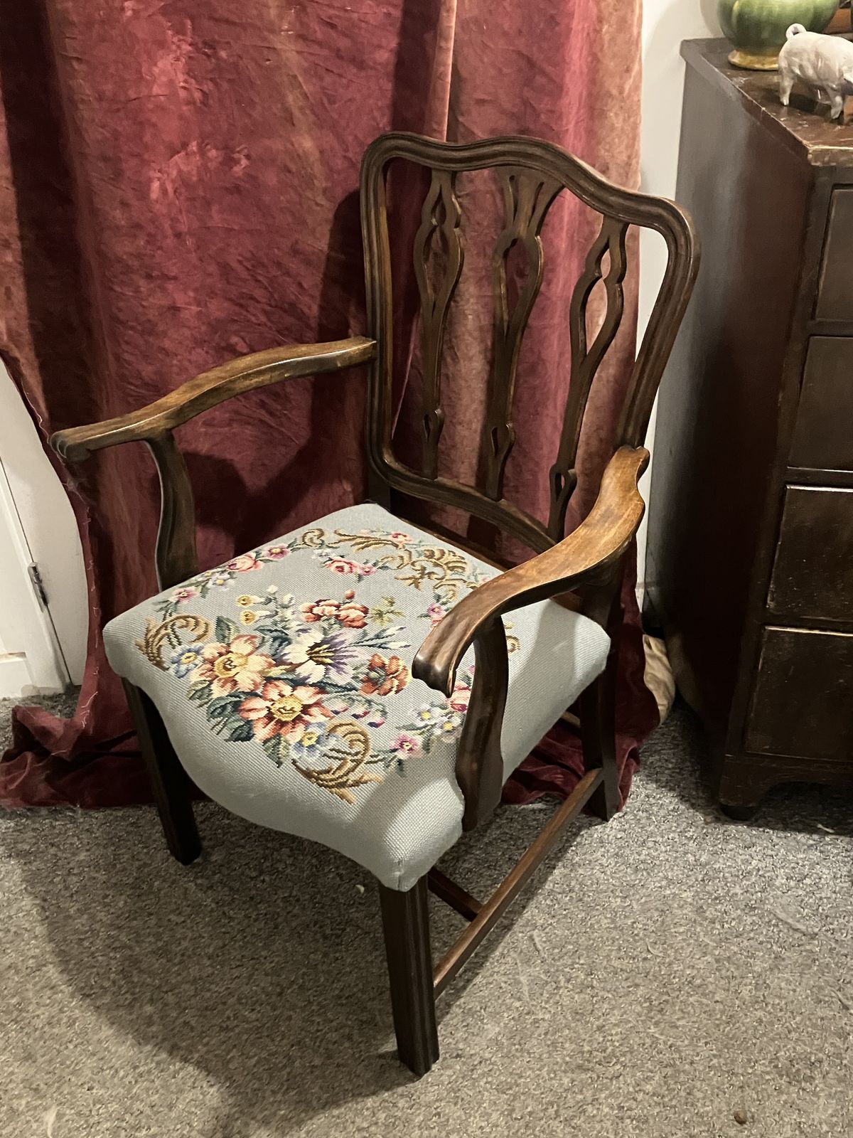 English Georgian Elm And Oak Carver Dining Chairs With Later Upholstered Floral Crotchet Seats photo buy