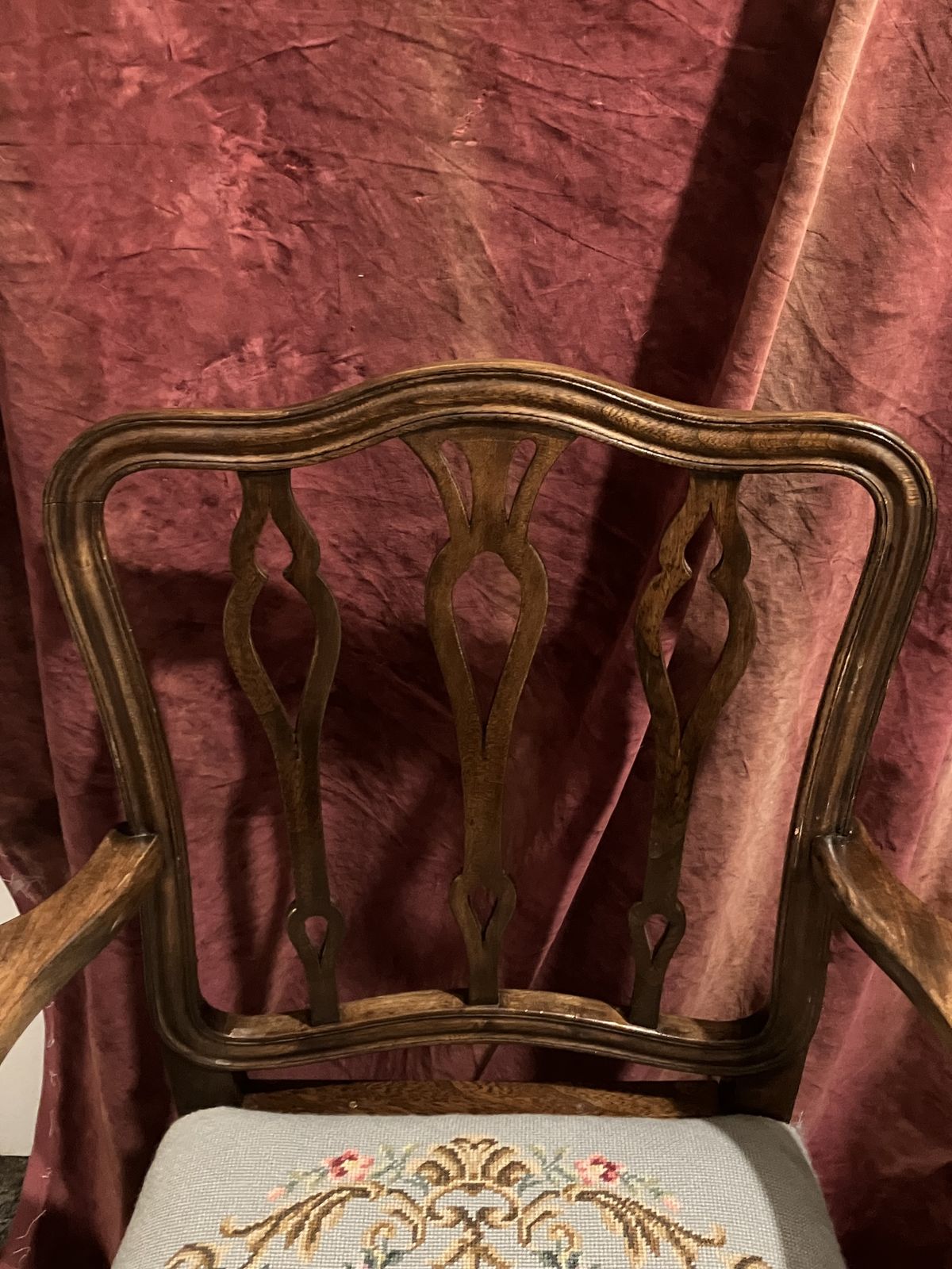 English Georgian Elm And Oak Carver Dining Chairs With Later Upholstered Floral Crotchet Seats photo vintage