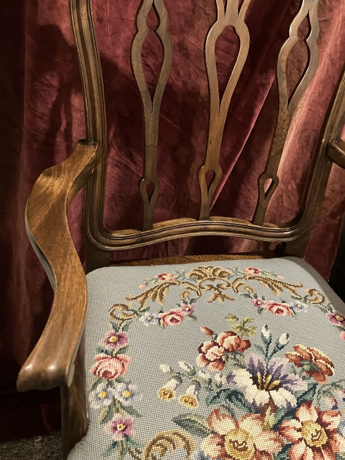 photo for sale English Georgian Elm And Oak Carver Dining Chairs With Later Upholstered Floral Crotchet Seats