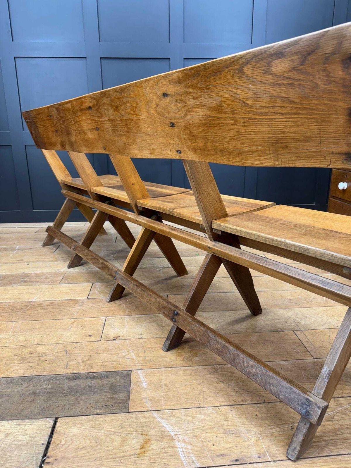 photo furniture Salvaged Antique Oak Church Chairs Bench Seat / Hallway Folding Seating