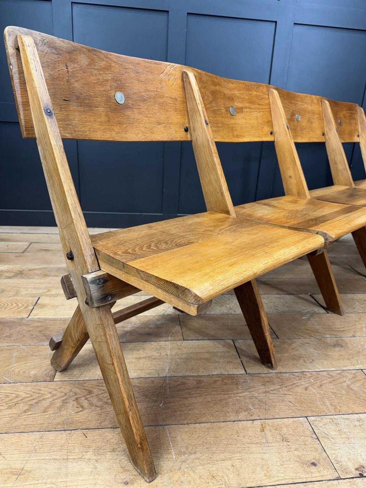 photo for sale Salvaged Antique Oak Church Chairs Bench Seat / Hallway Folding Seating