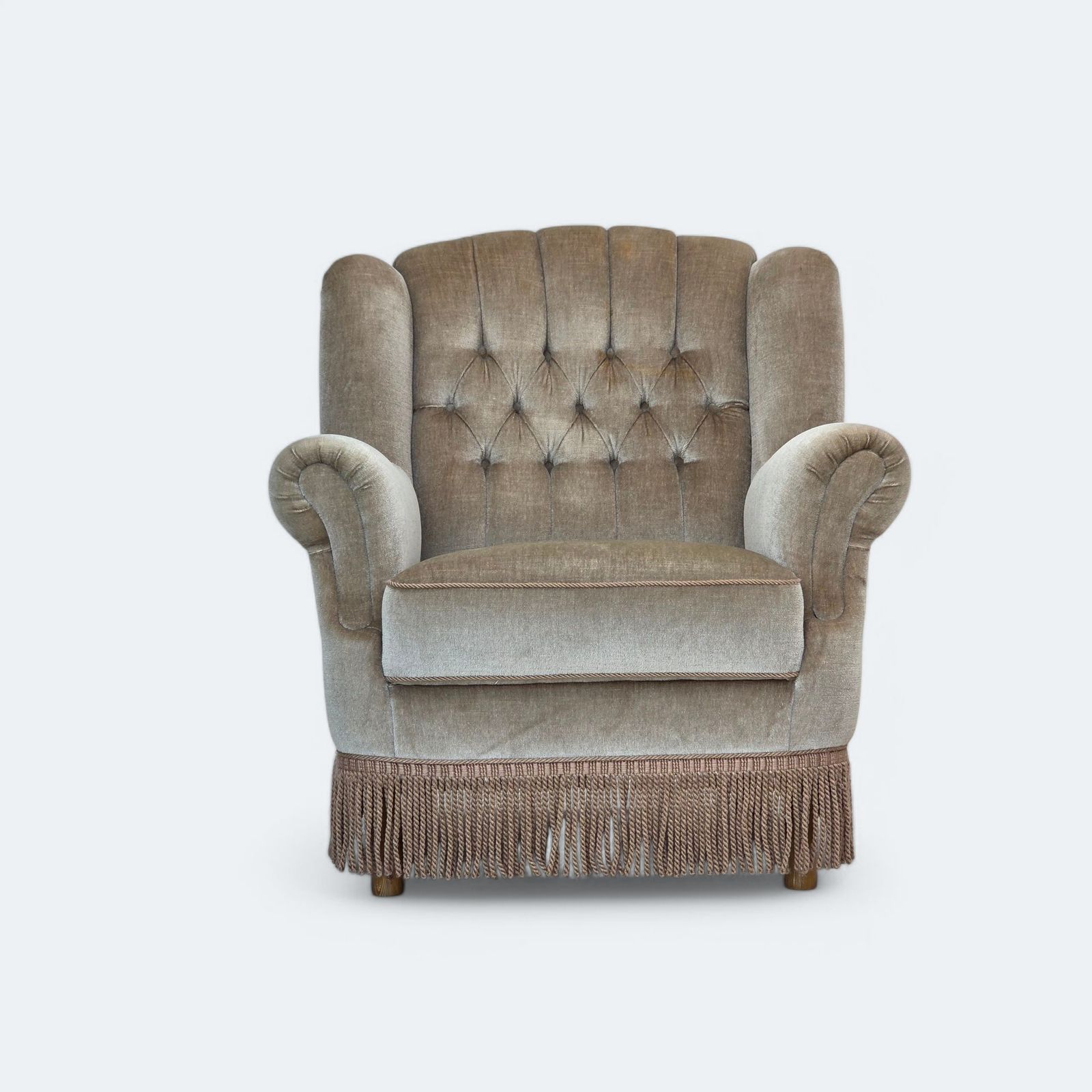 1970s, Danish Armchair, Original Condition, Furniture Velour, Beech Wood.