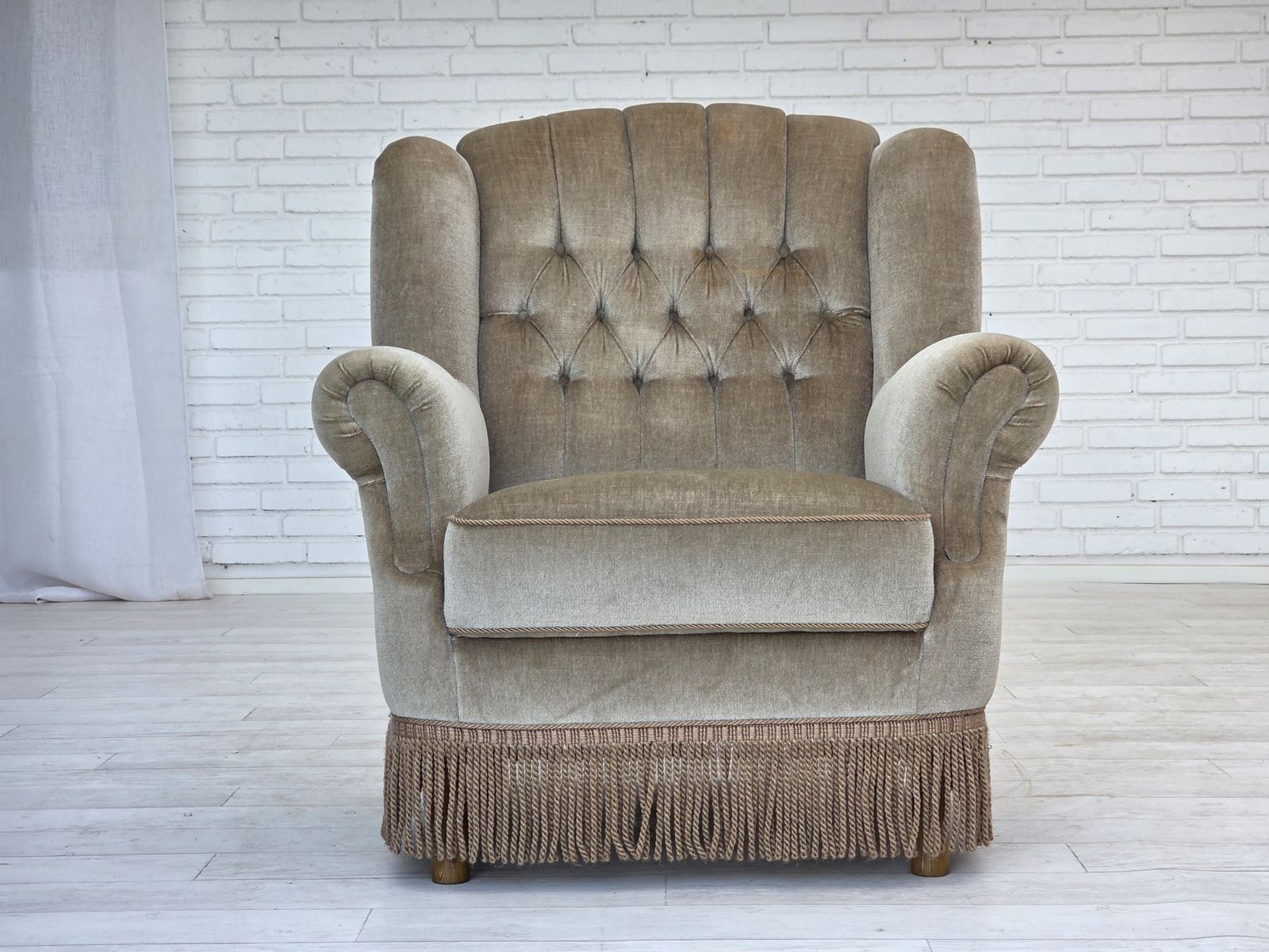 photo buy 1970s, Danish Armchair, Original Condition, Furniture Velour, Beech Wood.