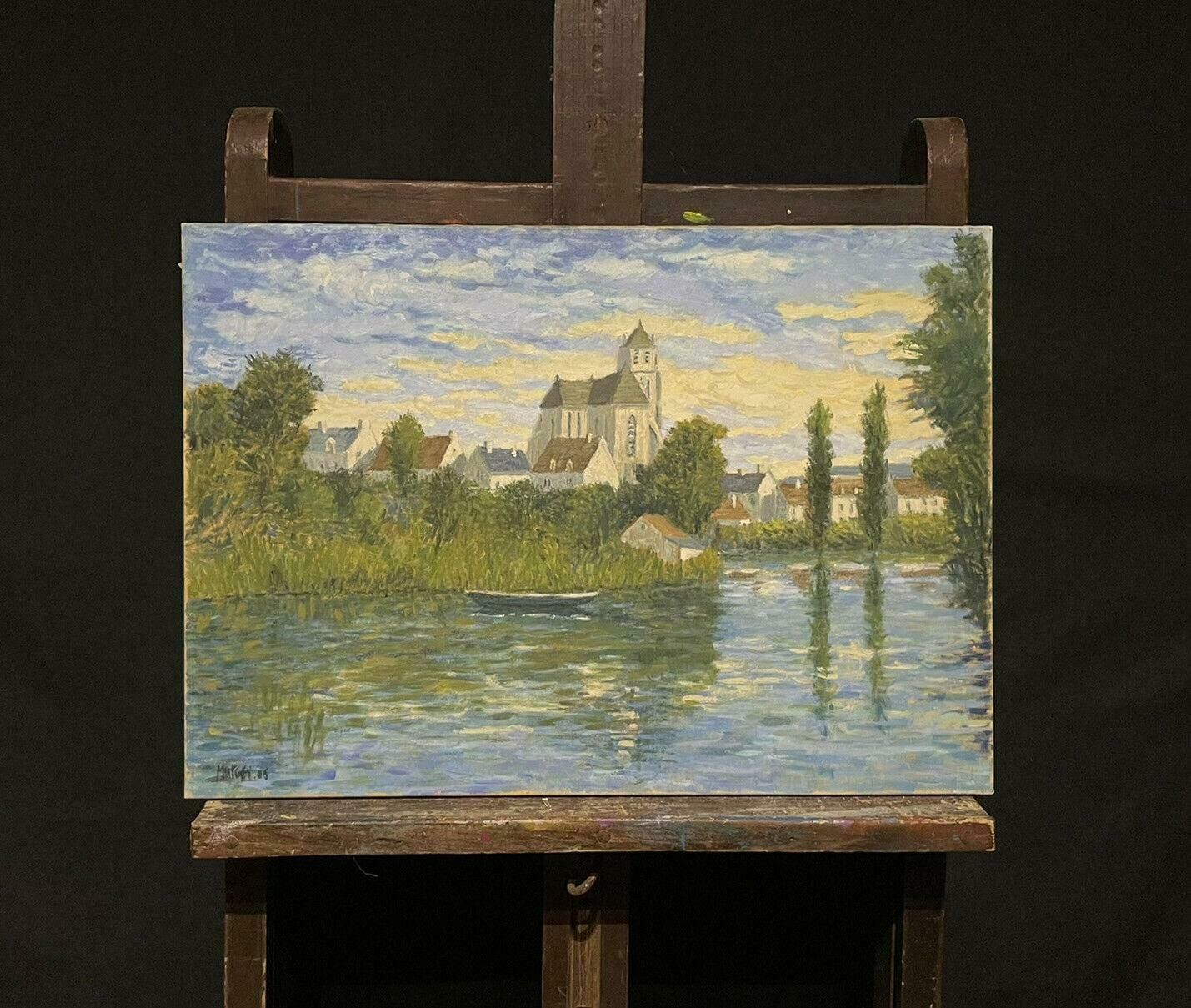 French Schoolsigned French Impressionist Oil River Landscape & Buildings Beautifully Tranquil photo furniture