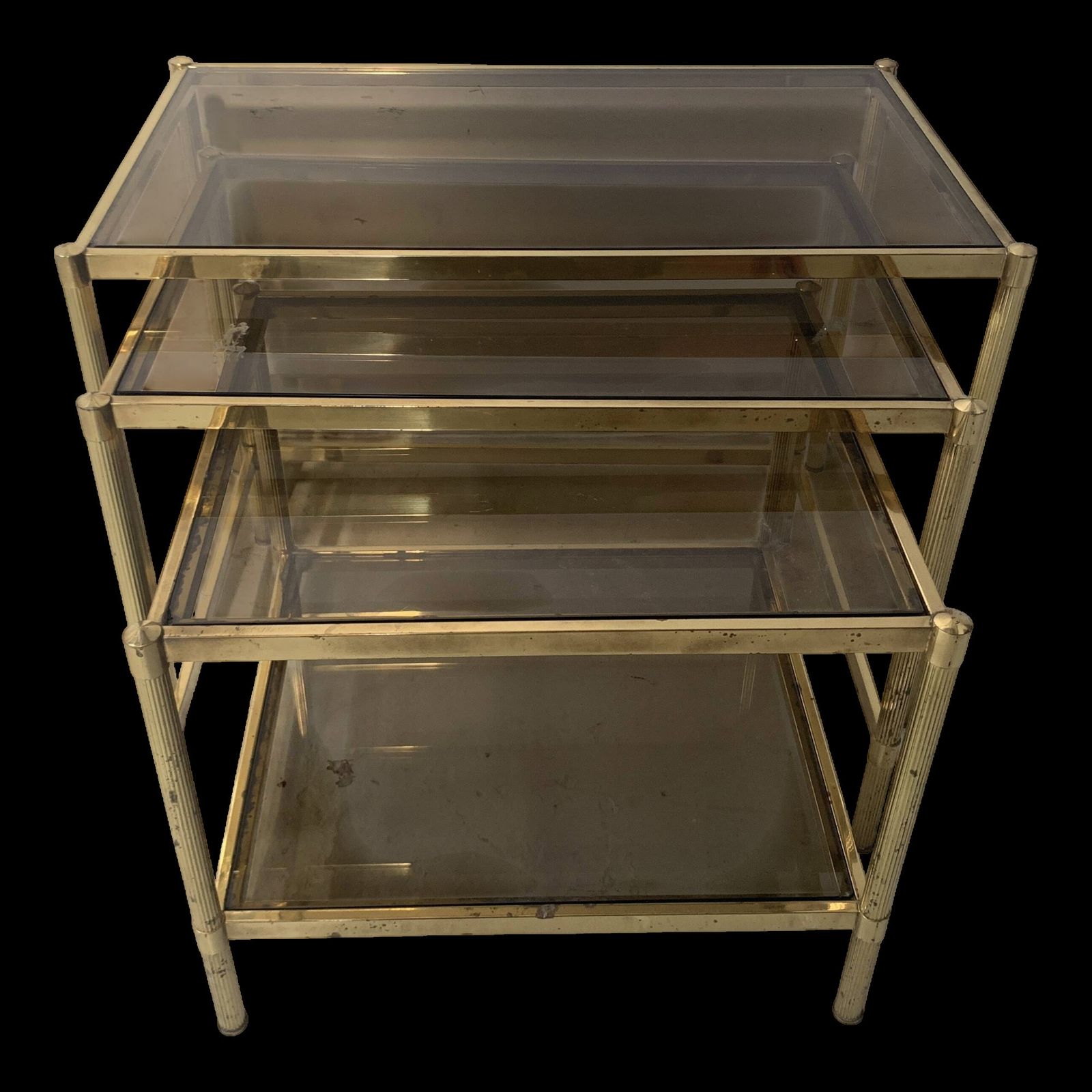 Set Of Three Nesting Tables In Brass And Smoked Glass, 20th Century